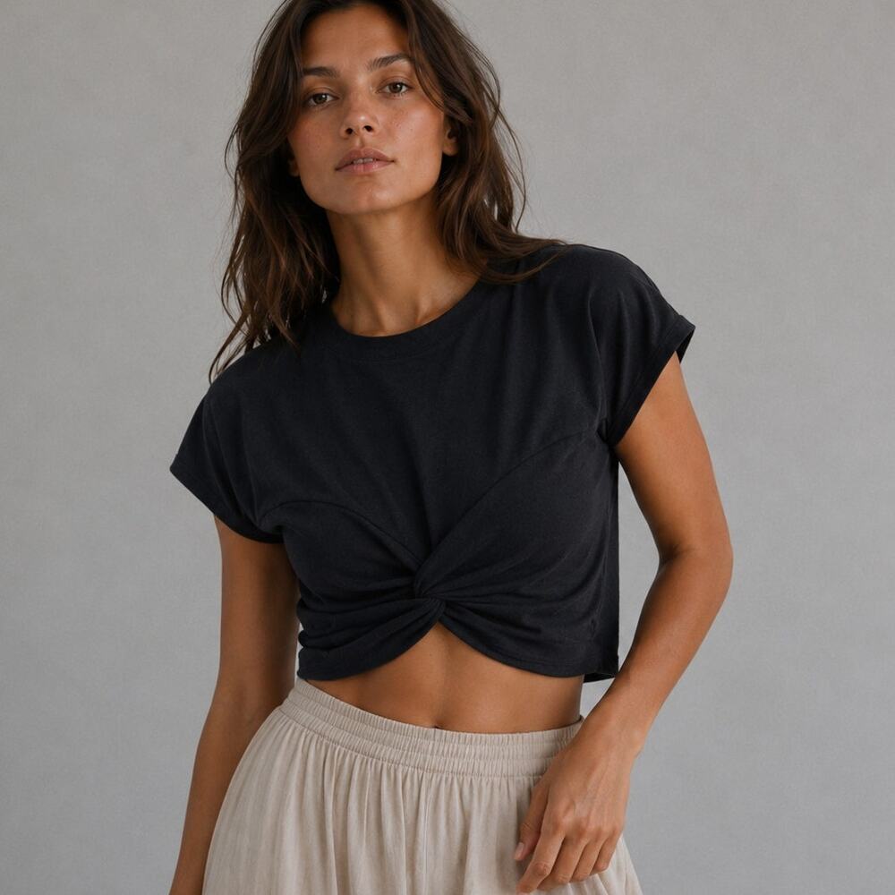 Isabel Marant Zineae Cotton Jersey Crop Top Womens L Black Crewneck Cap Sleeve